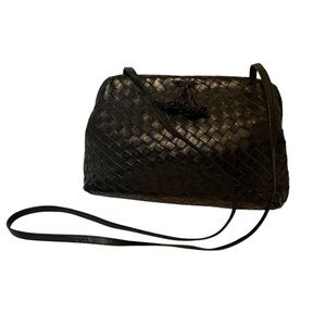 MEYERS USA CROSSBODY BAG BLACK LEATHER WOVEN BASKET WEAVE VINTAGE KISSLOCK HINGE